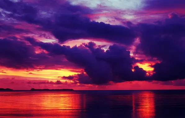 Картинка море, небо, облака, закат, тучи, отражение, горизонт, зарево