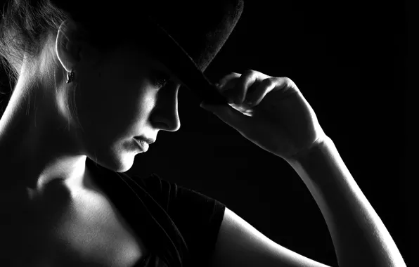 Картинка девушка, шляпа, черно-белое, girl, нуар, hat, noir