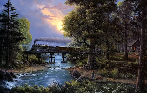 Картинка river, trees, bridge, sunset, cat, boy, train, painting, Jesse Barnes, Cherished Companions