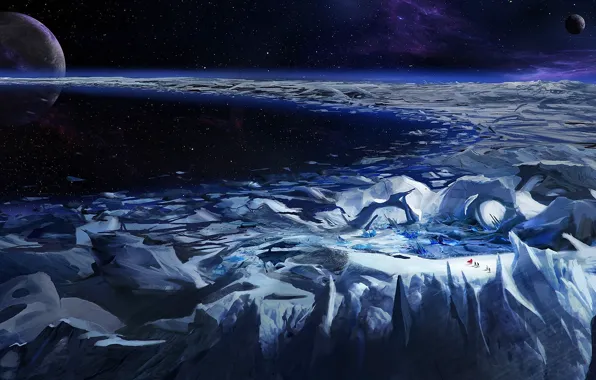 Картинка лед, космос, звезды, туманность, планеты, ледник, кольцо, путники