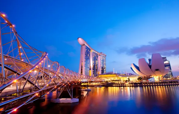 Картинка ночь, мост, дизайн, огни, река, пальмы, здания, Сингапур, сооружения, набережная, Marina Bay Sands, Helix Bridge