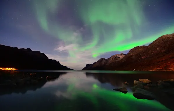 Картинка звезды, горы, ночь, отражение, северное сияние, Норвегия, залив