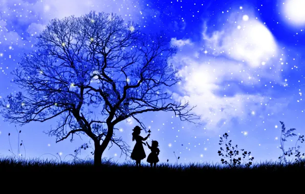 Картинка небо, трава, девушка, звезды, облака, ночь, ветки, дерево, ребенок