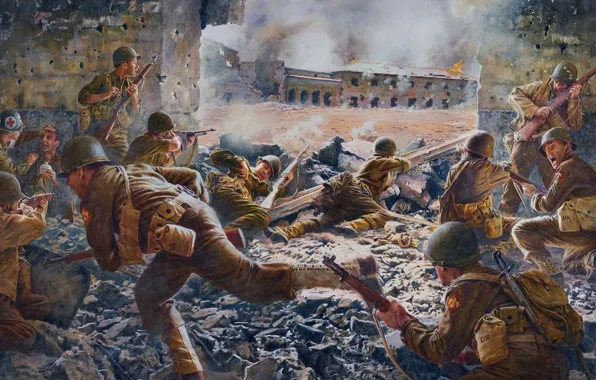 Картинка Война, Солдаты, Арт, Перестрелка, WW2