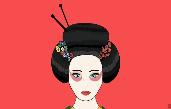 Картинка цветы, красный, волосы, рисунок, минимализм, Япония, гейша, губы, кимоно