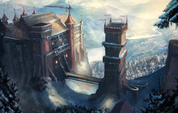 Картинка снег, горы, мост, замок, фэнтези, арт, башни, fantasy, tower, bridge, art, mountains, snow, A Song …