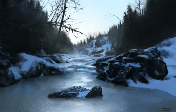 Картинка зима, лес, снег, природа, река, камни, холмы, арт