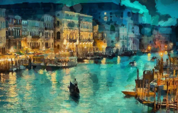 Картинка свет, ночь, огни, дома, лодки, арт, Италия, Венеция, канал, гондола
