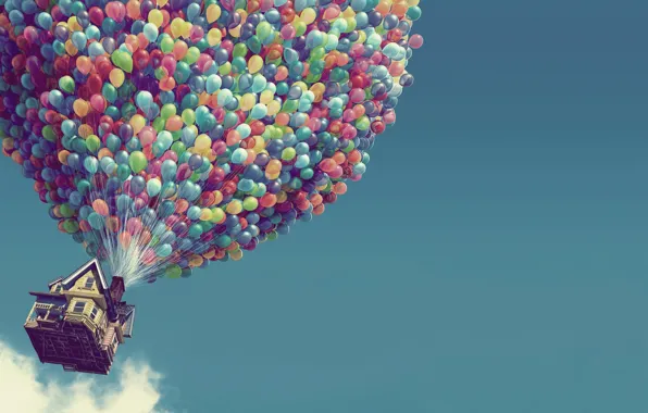Картинка шарики, дом, воздушные шары, вверх
