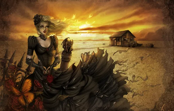 Картинка девушка, закат, ветер, забор, роза, арт, домик, шляпка, черное платье