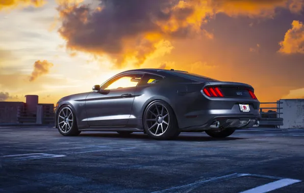 Картинка Mustang, Ford, Muscle, Car, Clouds, Sky, Sunset, Wheels, Rear, 2015, Velgen