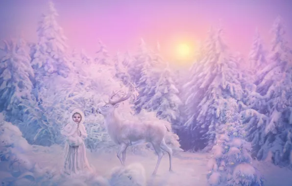 Картинка зима, лес, солнце, снег, игрушки, ель, олень, мороз, девочка, новогодняя