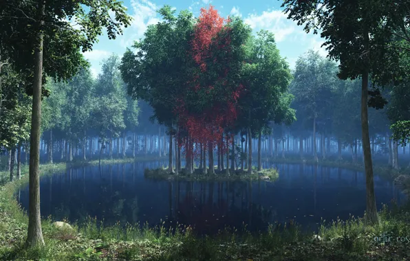 Картинка лес, трава, листья, деревья, озеро, красное, островок, рендер