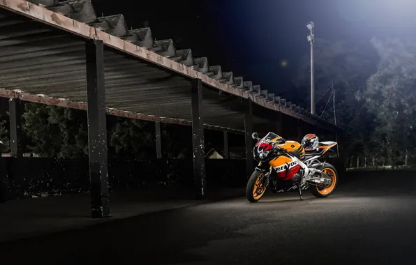 Картинка ночь, мотоцикл, навес, honda, bike, хонда, repsol, cbr1000rr