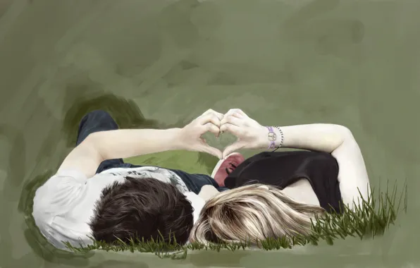 Картинка трава, девушка, любовь, сердце, руки, арт, пара, парень, живопись, лежат