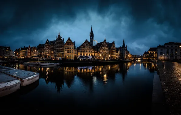 Картинка night, Belgium, cloudy, Ghent, canals, Flemish Region