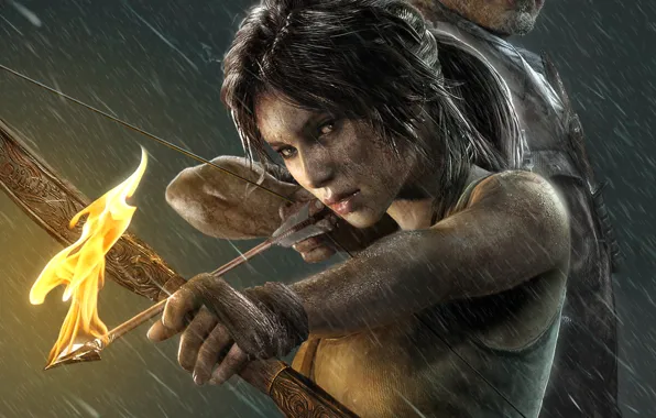 Картинка девушка, дождь, огонь, игра, стрела, Tomb Raider, girl, game, Лара Крофт