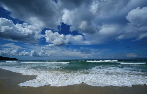 Картинка песок, море, волны, пляж, небо, вода, облака, пейзаж, природа, синева, берег, волна