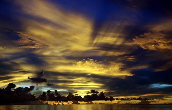 Картинка вода, облака, закат, тучи, океан, горизонт, Мальдивы, сумерки, красивый, солнечные лучи, Северная Центральная провинция