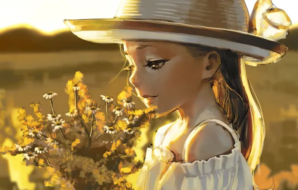 Картинка поле, девушка, цветы, букет, шляпа