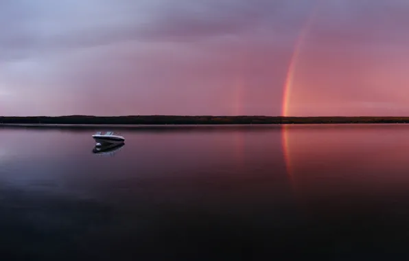 Картинка озеро, лодка, Вечер, радуга