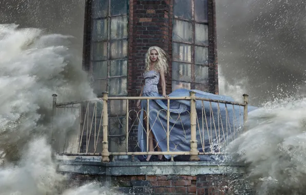 Картинка волны, вода, девушка, брызги, шторм, маяк, платье, блондинка
