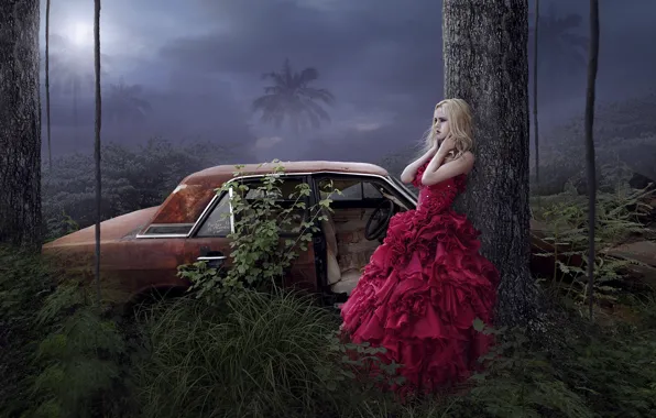 Картинка девушка, деревья, пальмы, фантазия, платье, арт, автомобиль