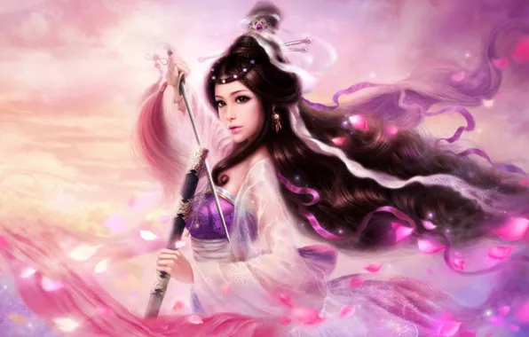 Картинка девушка, ленты, волосы, меч, лепестки, арт, прическа, кисти, ruoxing zhang