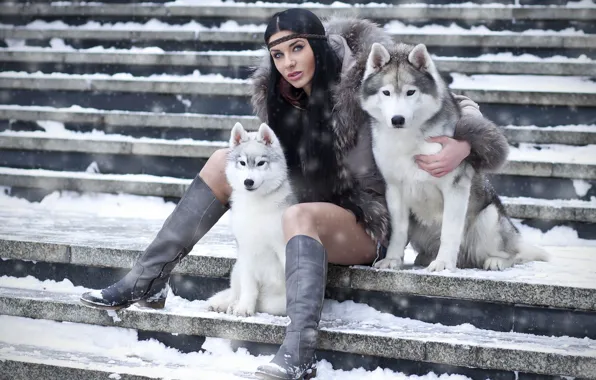 Картинка beauty, lady, dogs, brunette, boots, stairs