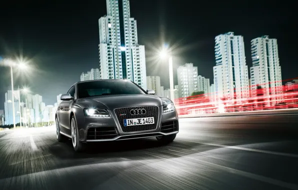 Картинка серый, Audi, скорость, RS5, город ночь