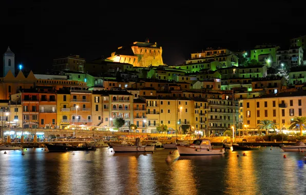 Картинка ночь, огни, лодки, освещение, Италия, гавань, Порто Санто Стефано