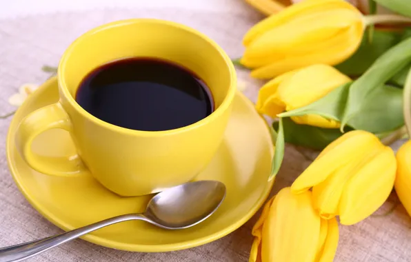 Картинка цветы, кофе, чашка, тюльпаны, yellow, flowers, cup, tulips, coffee, breakfast