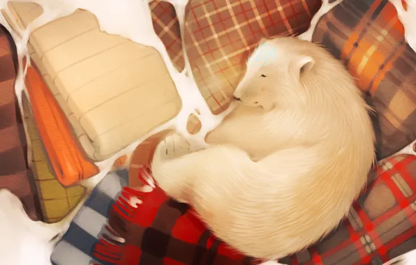Картинка сон, медведь, арт, спит, одеяло, белый медведь