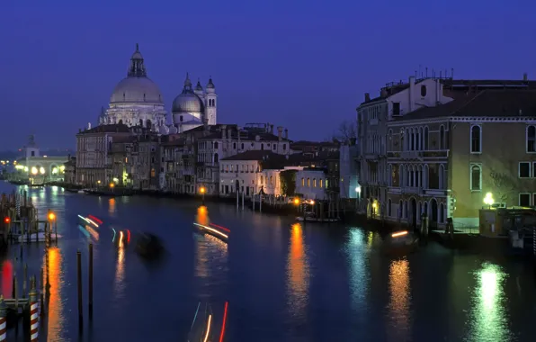 Картинка вода, свет, ночь, город, огни, яркие, здания, дома, освещение, Италия, Венеция, архитектура, ночной город, italia, …