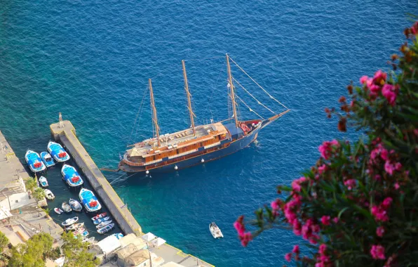 Картинка море, лодки, яхта, Санторини, Греция, причал, Santorini, Oia, Greece, Эгейское море, Aegean Sea