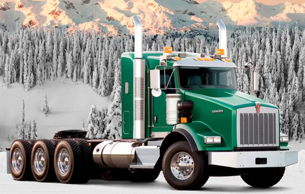 Картинка лес, снег, горы, грузовик, зелёный, t800, передок, track, тягач, трак, кенуорт, kenworth, т800