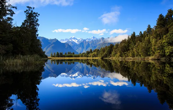 Картинка лес, горы, озеро, отражение, Новая Зеландия, New Zealand, Lake Matheson, Южные Альпы, Southern Alps, Озеро …
