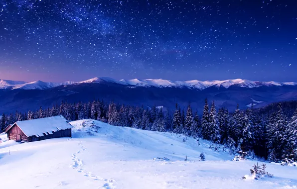 Картинка зима, лес, небо, снег, деревья, горы, домики