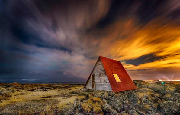 Картинка небо, звезды, свет, ночь, дом, Исландия, Larry Gerbrandt photography