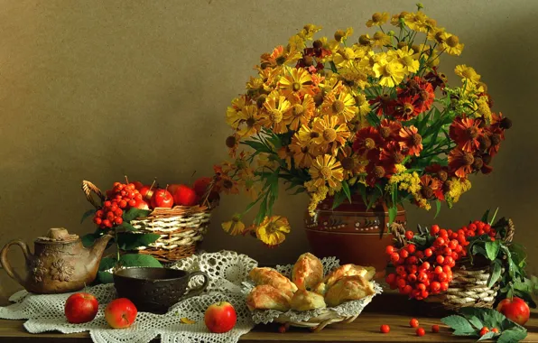 Картинка цветы, ягоды, яблоки, чайник, чашка, натюрморт, пирожки