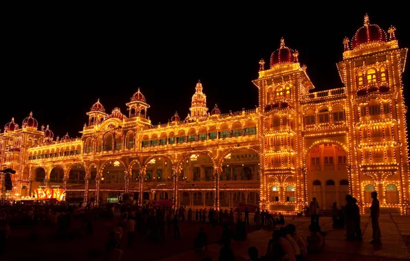 Картинка ночь, огни, Индия, дворец, фестиваль Дасара, штат Карнатака, Майсур