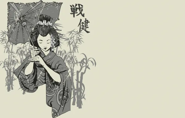 Картинка японка, рисунок, зонт, иероглифы, черно-белое