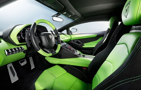 Картинка Lamborghini, Green, LP700-4, Aventador, 2014, Limited, HAMANN, Salon, Seats, Steering Wheel