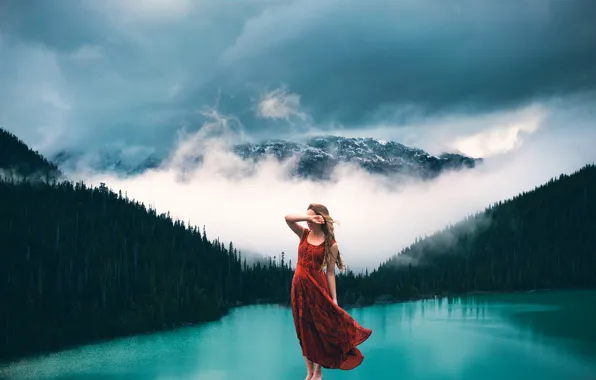 Картинка лес, девушка, туман, озеро, камень, гора, Lizzy Gadd, Breathing