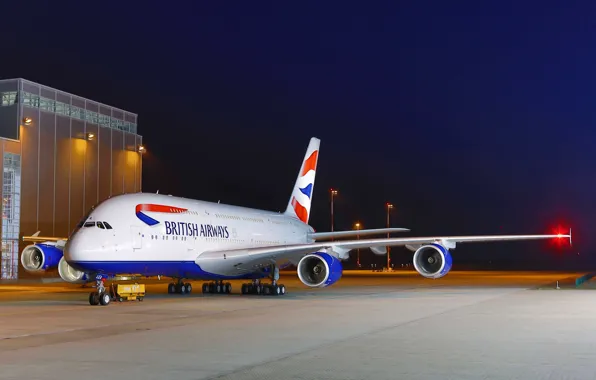 Картинка Небо, Огни, Ночь, Аэропорт, Sky, Lights, Night, A380, Airbus, Airport, British Airways