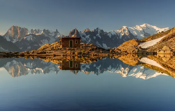Картинка горы, озеро, отражение, Франция, Альпы, хижина, France, Alps, Шамони, Chamonix, White Lake, Lac Blanc