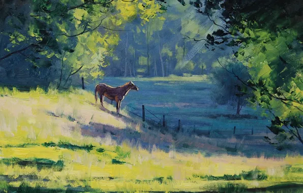 Картинка зелень, деревья, пейзаж, конь, лошадь, забор, утро, арт, artsaus