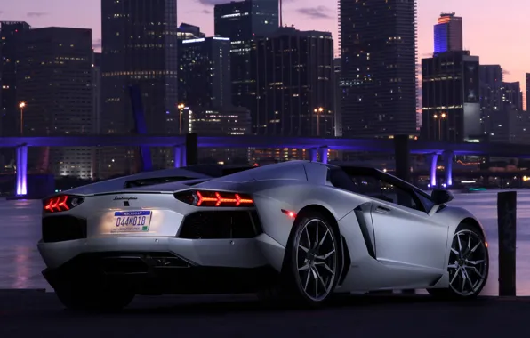 Картинка небо, свет, мост, город, огни, автомобиль, roadster, задок, LP700-4, Lamborghini Aventador