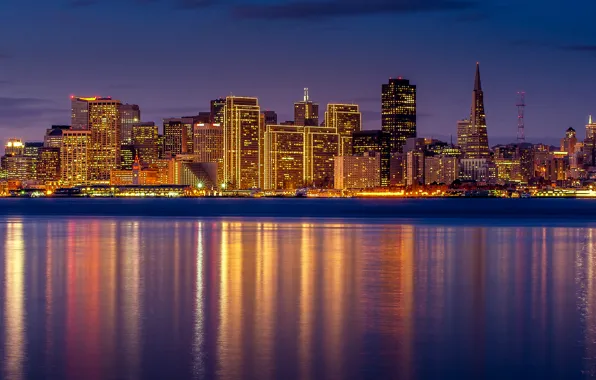 Картинка небо, город, огни, отражение, здания, дома, небоскребы, вечер, освещение, Калифорния, залив, Сан-Франциско, USA, США, California, …