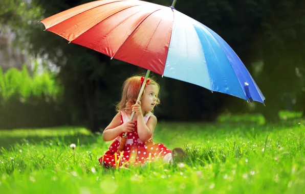 Картинка трава, деревья, природа, зонтик, ребенок, горошек, платье, девочка